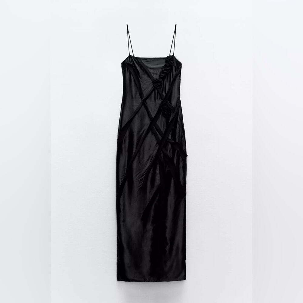 Zara Black FLORAL SATIN MIDI DRESS - Picture 6 of 15